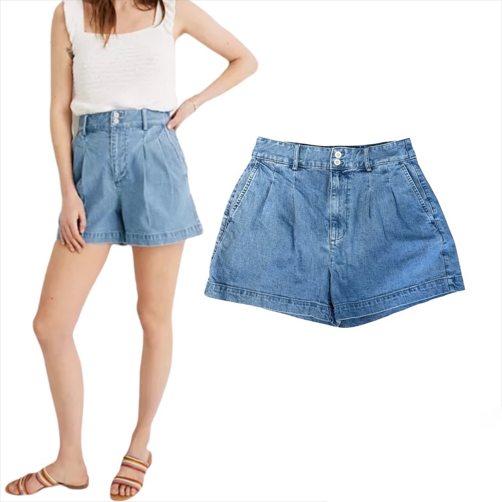 Madewell Blue Denim Pleated High Waist Jean Shorts